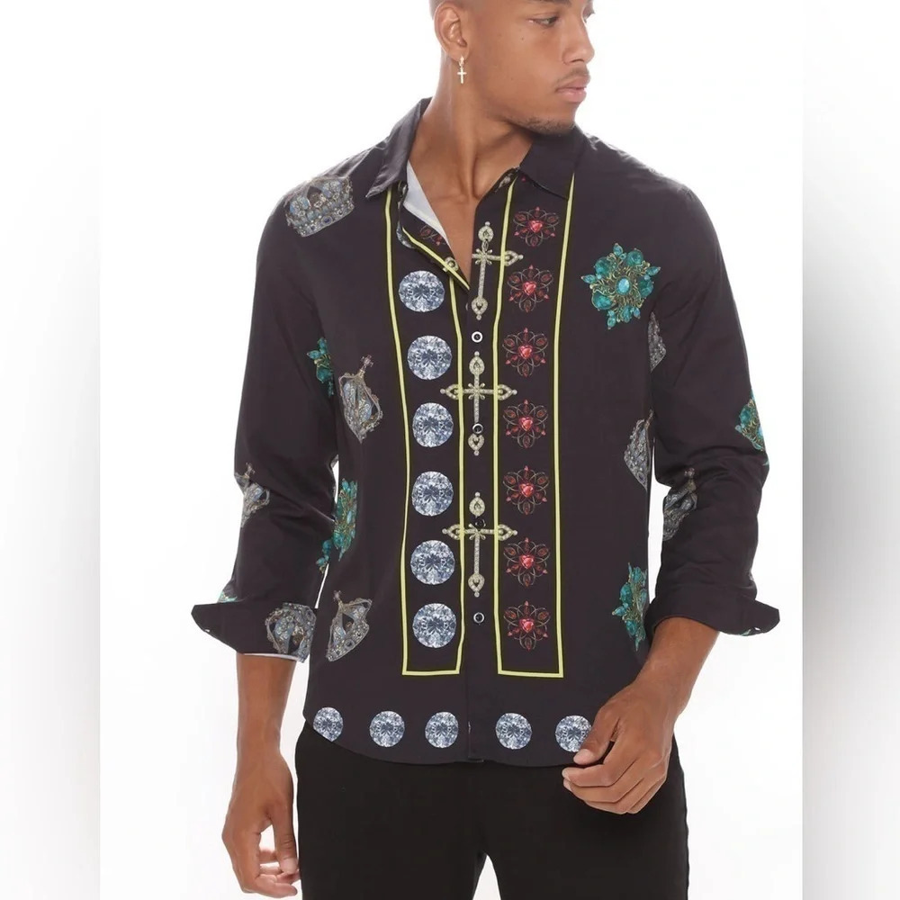 Men’s NovaMen Bless Jewels Long Sleeve Button Down Shirt. Size Small